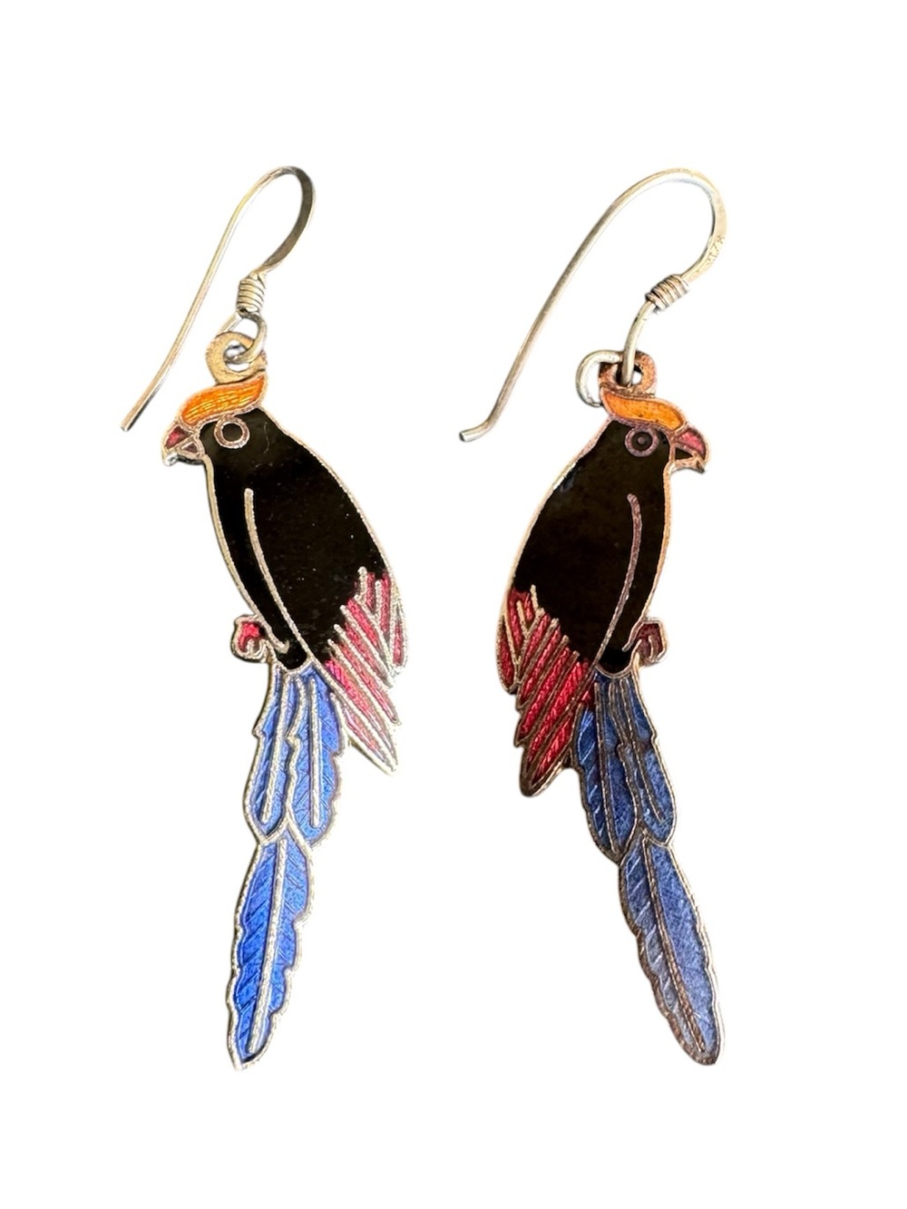 Vintage Enamel Parrot Earrings Bird 925 Silver Tone Dangle Drop Color Block 90s